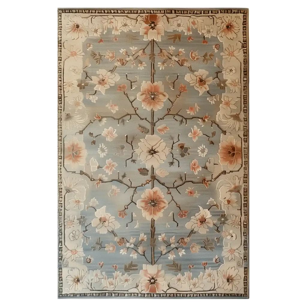 The Peach Blossom Dream Hand Tufted Wool Rug is an exquisite area rug featuring a delicate floral design with peach and cream blossoms against a soft blue background. Perfect for large living rooms, this wool rug adds a touch of elegance and warmth to any space.