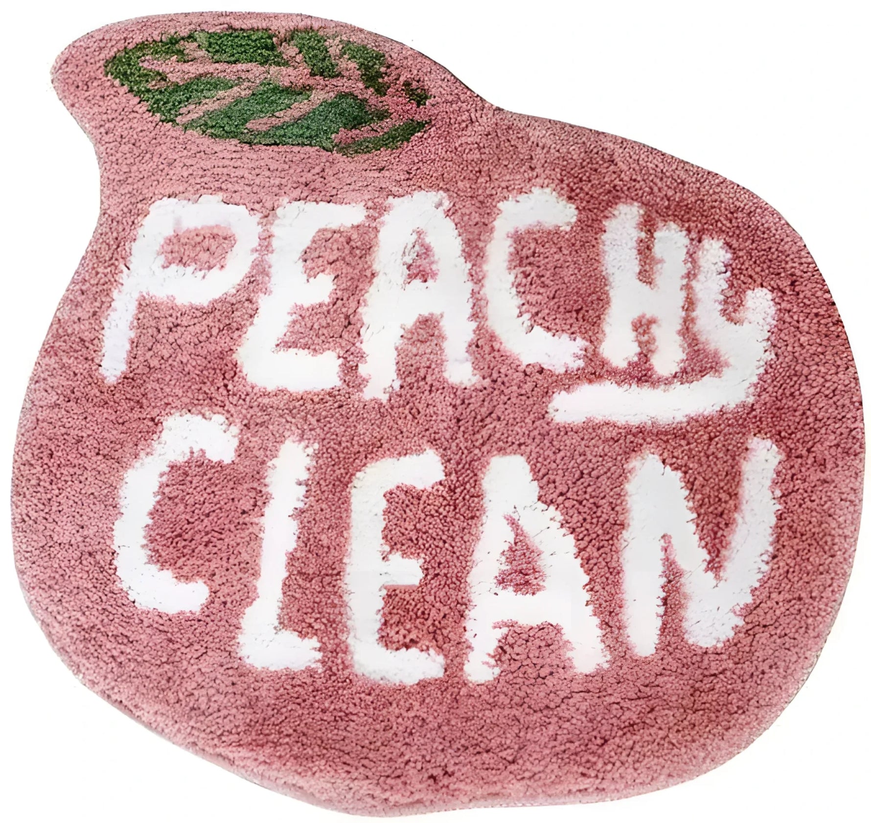 The Peachy Clean Bathmat, a charming runner rug shaped like a peach with a green leaf accent, features bold white text that reads 'Peachy Clean' on a plush pink cotton surface. Perfect for adding a playful touch to kitchen rugs, hallway runner rugs, or as a bathroom runner rug.