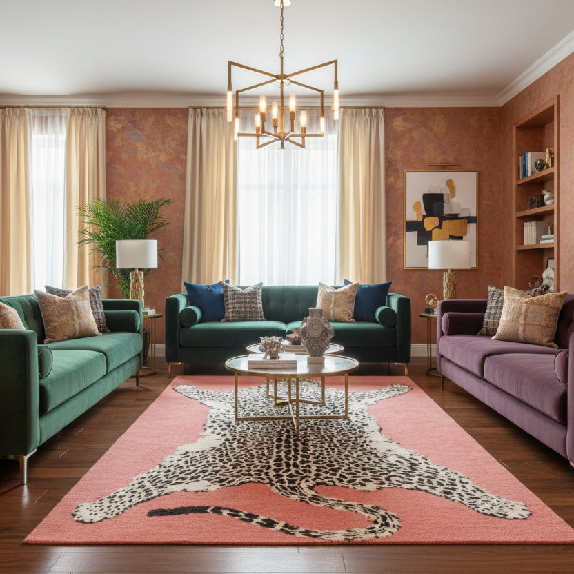 Living room with green and purple sofas, a pink rug with a leopard print, and a chandelier.