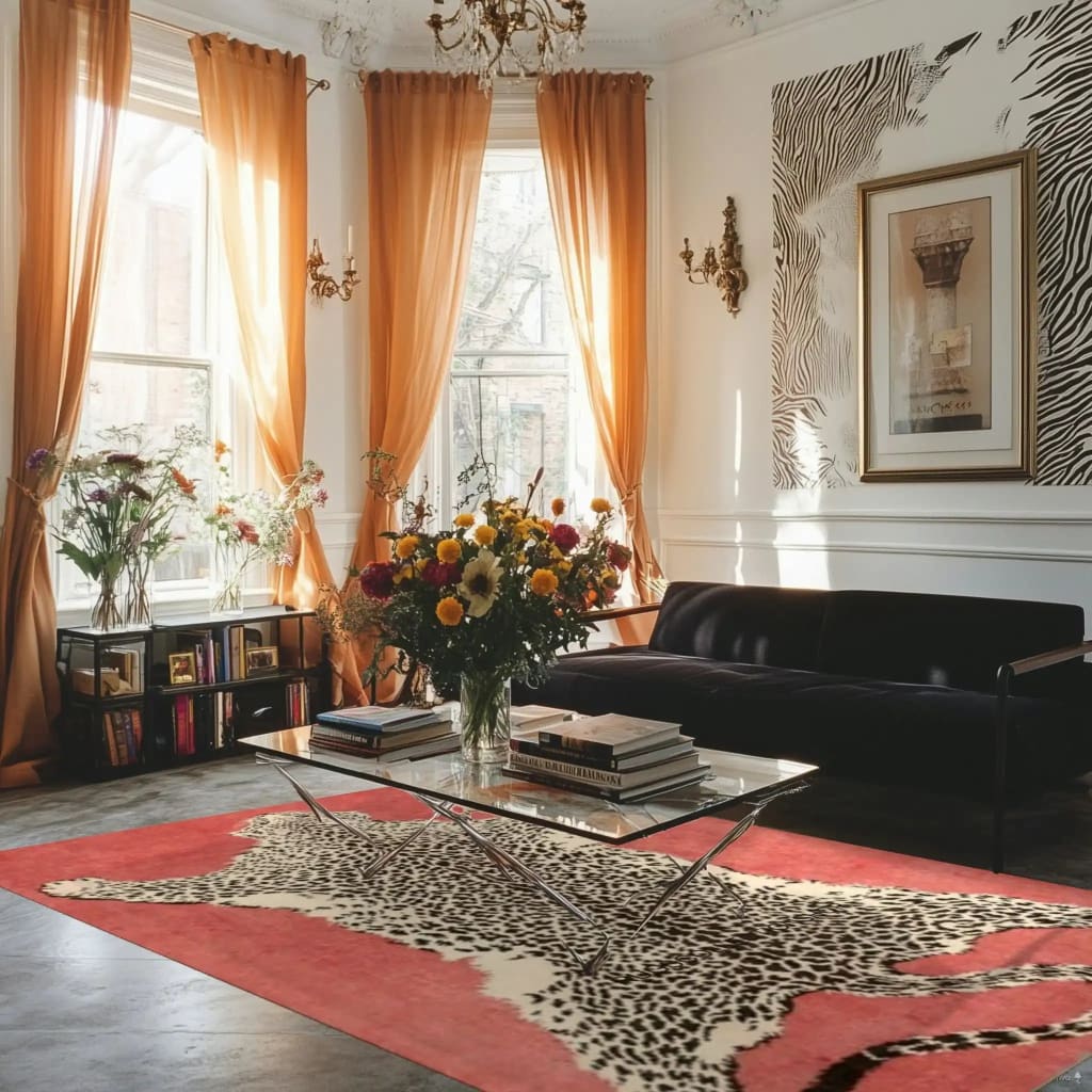 A stylish living room featuring a Peachy Leopard Hand Tufted Wool Area Rug. This large area rug, perfect for living rooms, showcases a bold leopard print on a peach background, adding a touch of luxury and warmth. The wool rug complements the elegant decor, including a black sofa, glass coffee table, and vibrant floral arrangements.