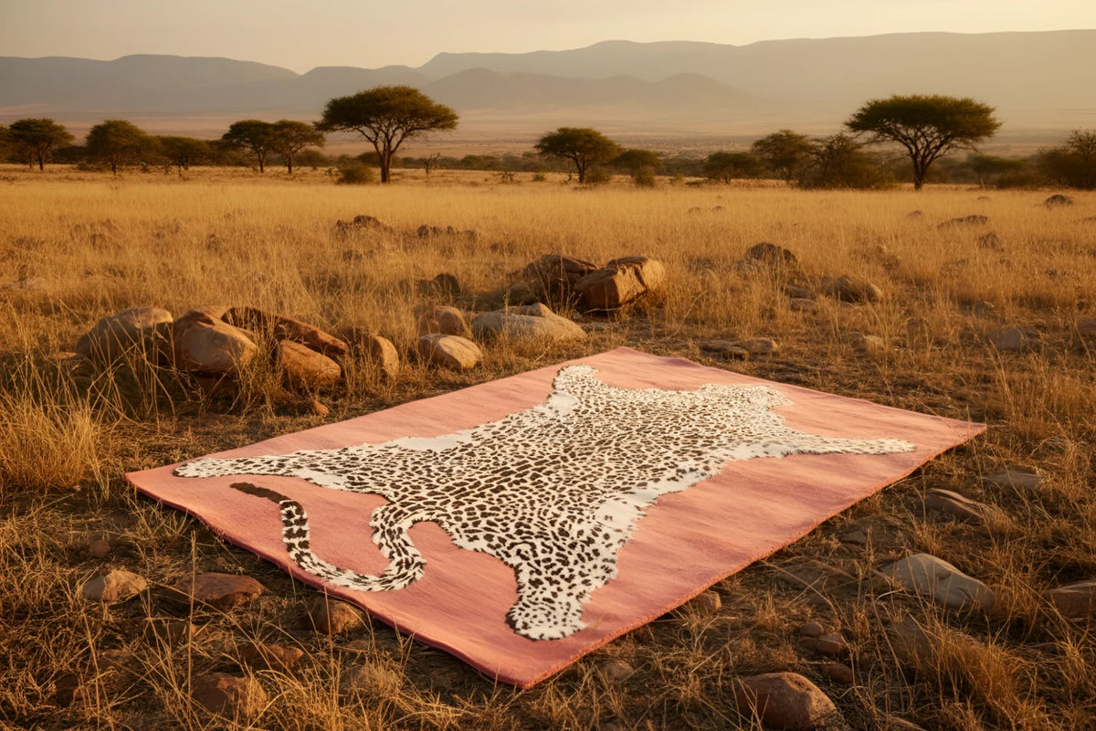 Leopard skin pattern on a pink rug in a savannah setting with trees and mountains.