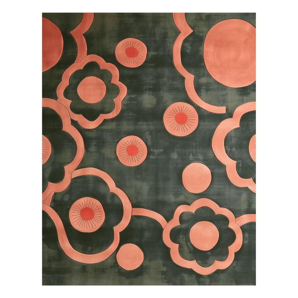 The Peachy Perception Hand Tufted Rug features an abstract design with large peach-colored floral patterns on a dark background, perfect for adding a touch of elegance to any bedroom or dining room. This wool area rug is ideal for those looking to enhance their space with stylish bedroom rugs.