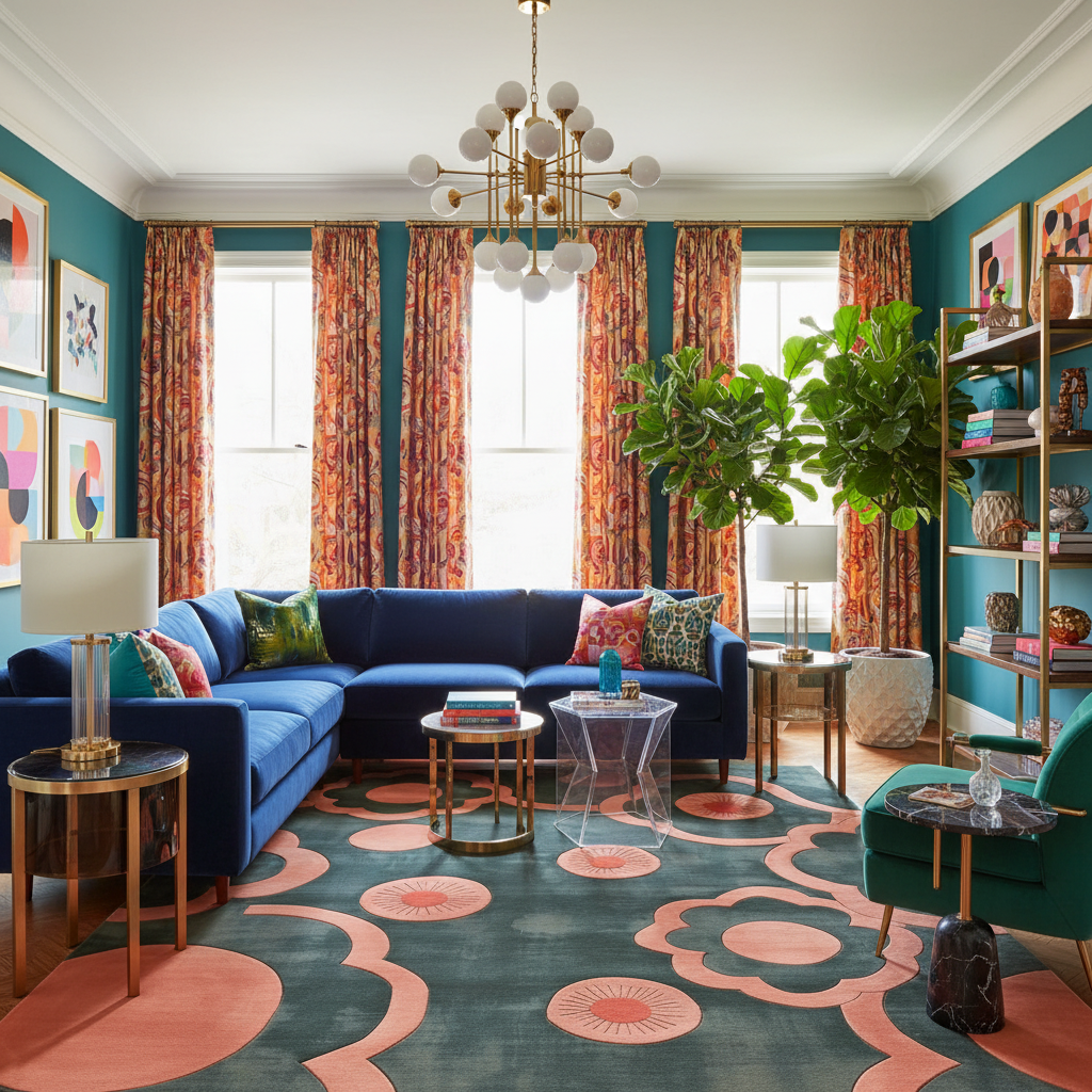 Modern living room with blue sofa, colorful rug, and decorative elements.