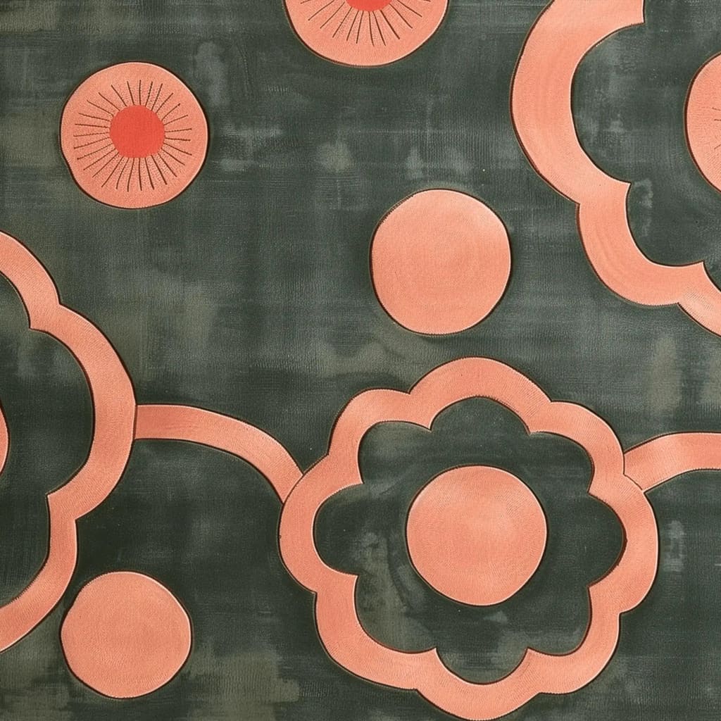 Top view of the Peachy Perception Hand Tufted Area Rug showcasing an abstract design with peach floral and circular patterns on a dark background, perfect for enhancing the decor of a bedroom or dining room. This wool rug adds a stylish touch to any space, making it an ideal choice for bedroom rugs.