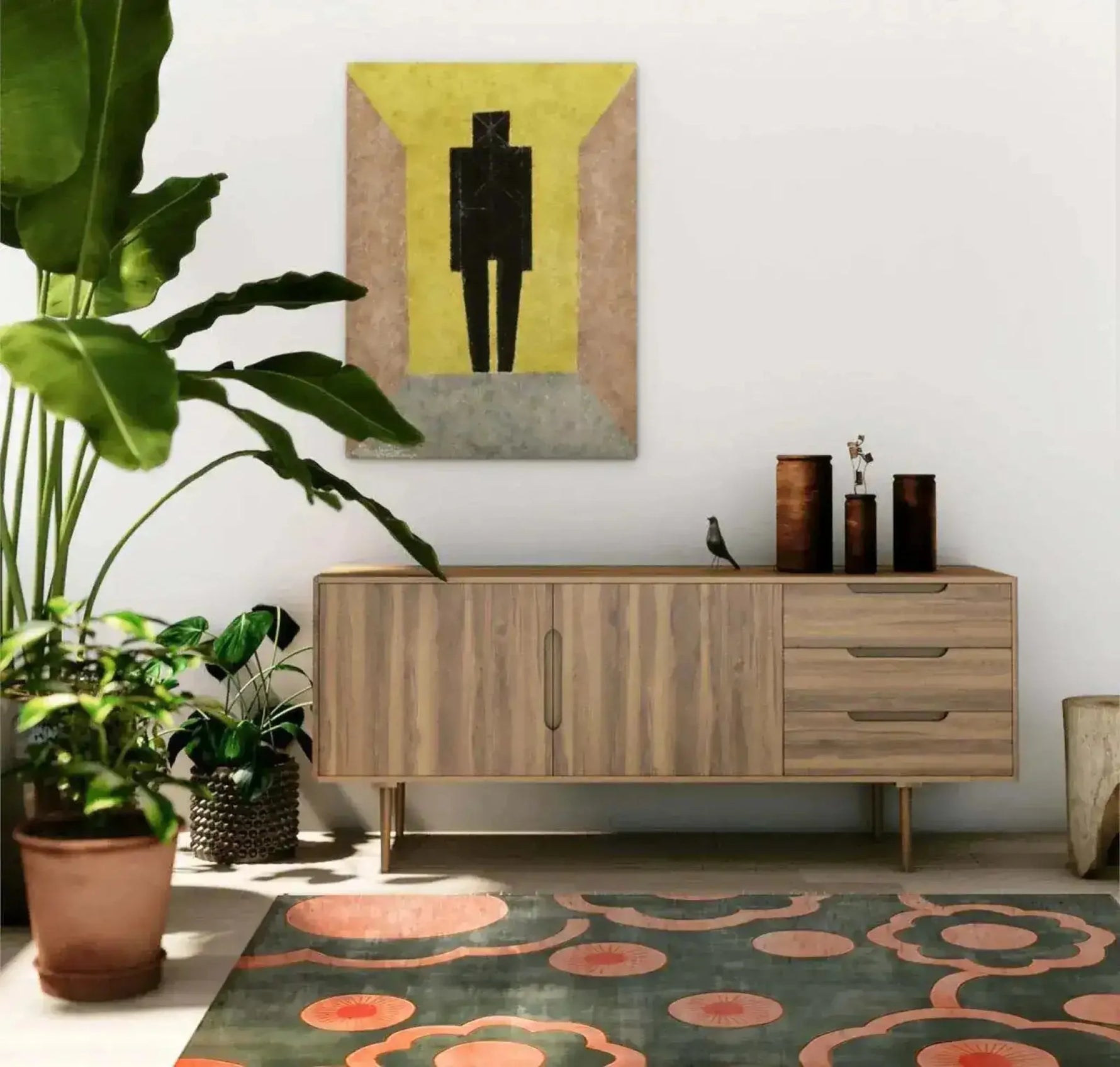 A stylish area rug with a vibrant abstract design featuring peach and green tones, perfect for enhancing a bedroom or dining room. The wool rug adds a cozy touch to the modern decor, complementing the wooden sideboard and indoor plants.