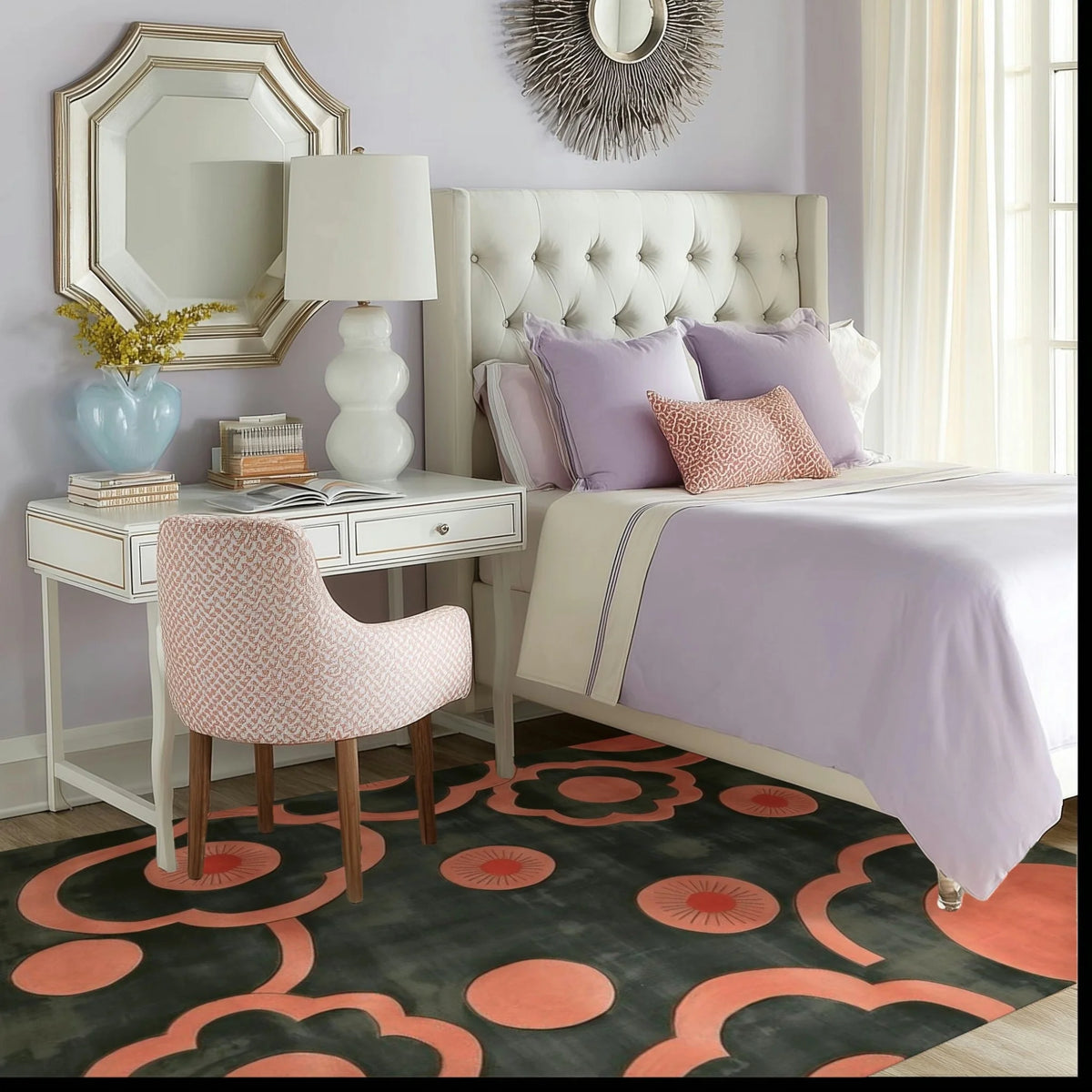 Charcoal peach-flower rug in a soft lavender bedroom with a tufted headboard