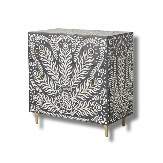 Peacock Design Bone Inlay 3 Drawers Dresser