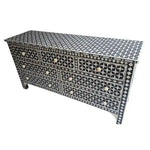 Pearl inlay 7-drawer chest — black ground with white geometric star and diamond mother-of-pearl inlay, white background