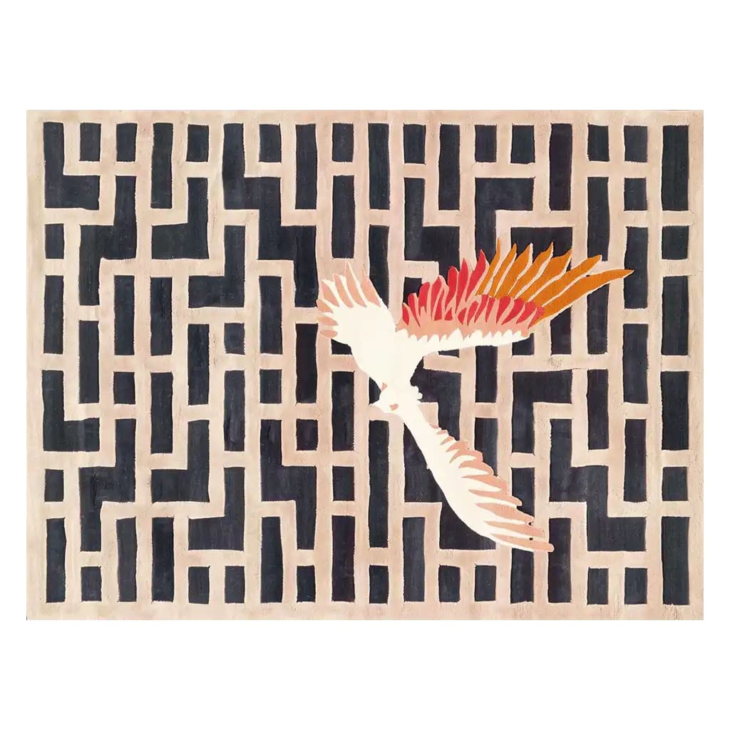 Contemporary area rug featuring an abstract bird design with vibrant orange and red hues against a geometric black and beige patterned background. This hand-tufted wool rug is perfect for adding a modern touch to any living room space.