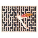 Contemporary area rug featuring an abstract bird design with vibrant orange and red hues against a geometric black and beige patterned background. This hand-tufted wool rug is perfect for adding a modern touch to any living room space.