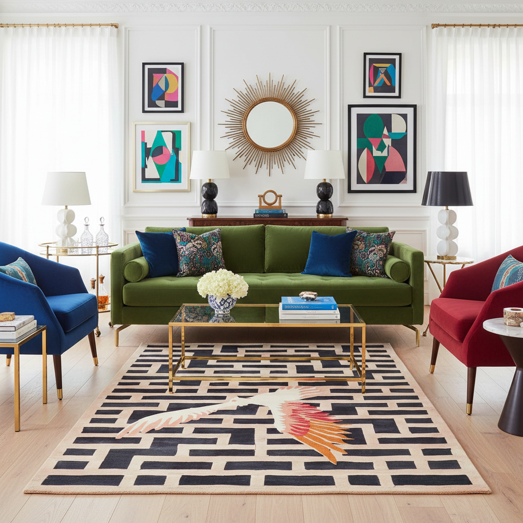 Modern living room with a green sofa, colorful rug, and abstract art.