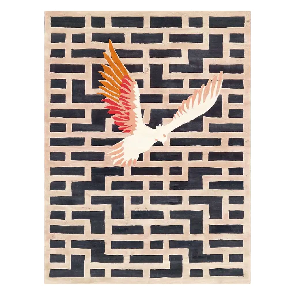 A stunning area rug featuring a contemporary design with a bold geometric pattern and a striking bird motif. The hand-tufted wool rug showcases a blend of earthy tones and vibrant colors, perfect for adding a touch of elegance to any living room. This large living room rug combines style and comfort, making it a standout piece in modern home decor.