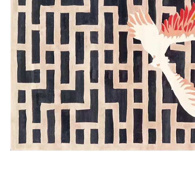 Contemporary area rug with a geometric design in black and cream, featuring an abstract pattern ideal for a modern living room. Made from high-quality wool, this large rug adds a stylish touch to any space.