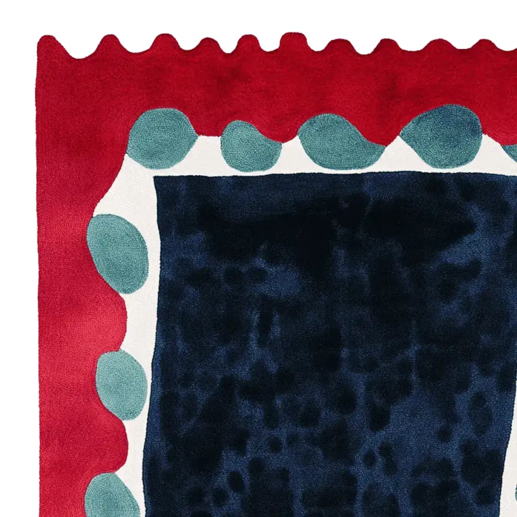 A vibrant area rug featuring a bold contemporary design with a mix of rich red, deep navy, and soft green tones. This wool rug, perfect for adding a touch of modern style to your space, is an ideal choice for living room rugs, especially in an 8x10 size.