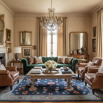 Luxurious living room with green sofa, a floral wool rug, brown armchairs, and a chandelier.