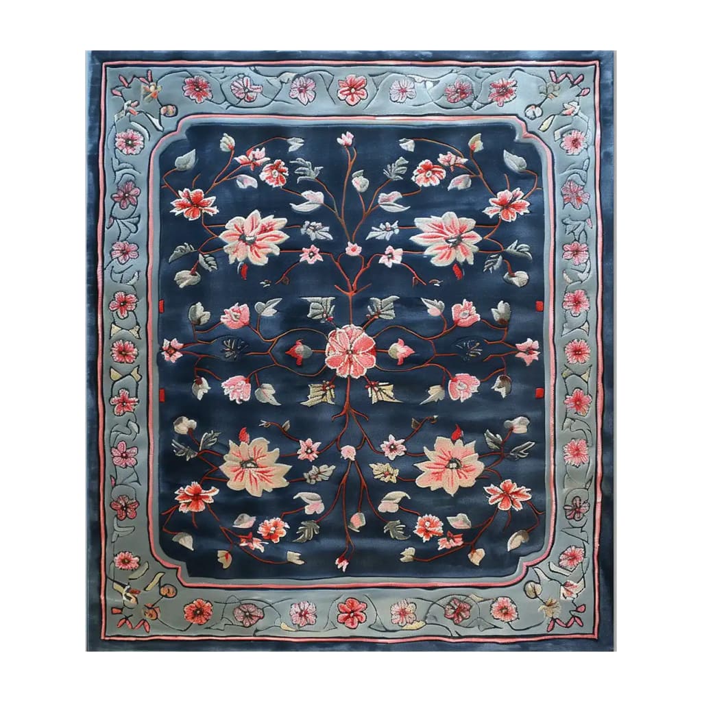 Elegant Peony Garden Hand Tufted Wool Rug featuring a vibrant floral design on a rich navy background, perfect as an area rug for large living rooms.
