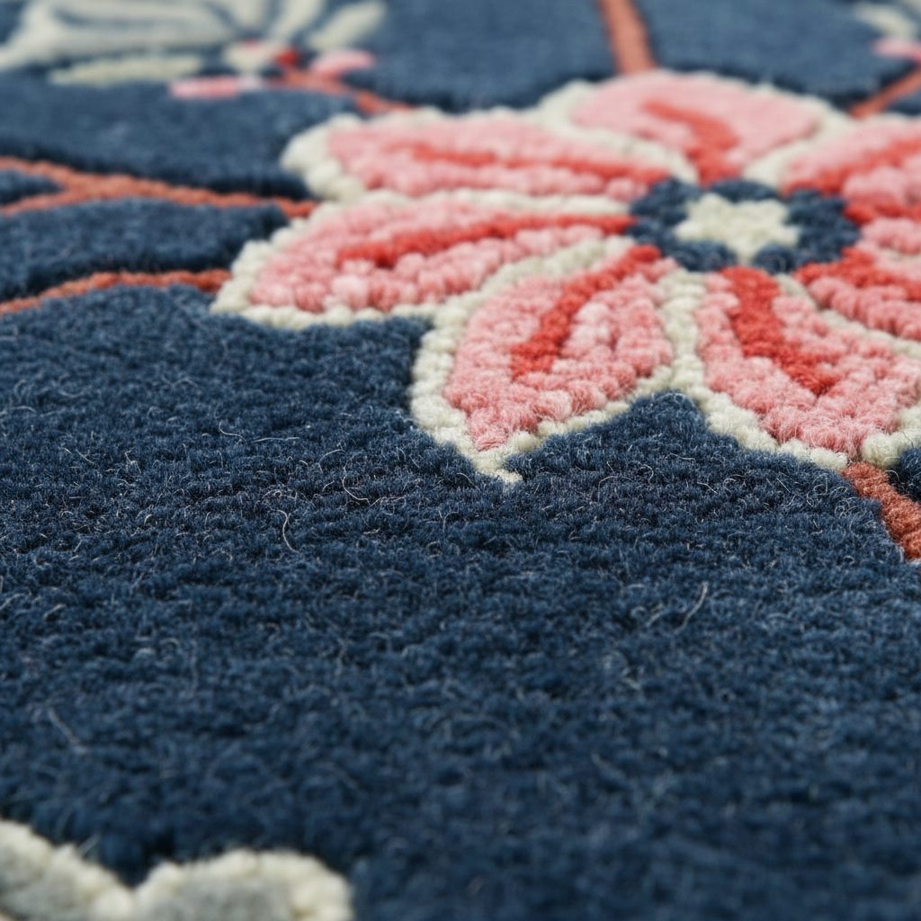 Close-up of a textured rug with pink and blue floral patterns
