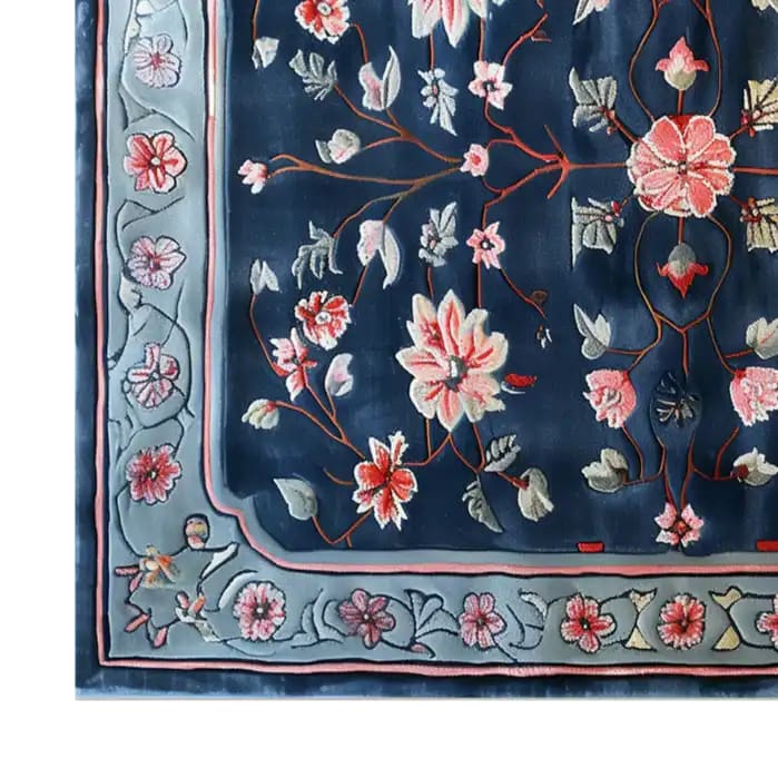 Beautiful Peony Garden Hand Tufted Wool Area Rug featuring a vibrant floral pattern with pink and red blossoms on a rich blue background. Ideal for adding elegance to large living room spaces, this wool rug combines style and comfort effortlessly.