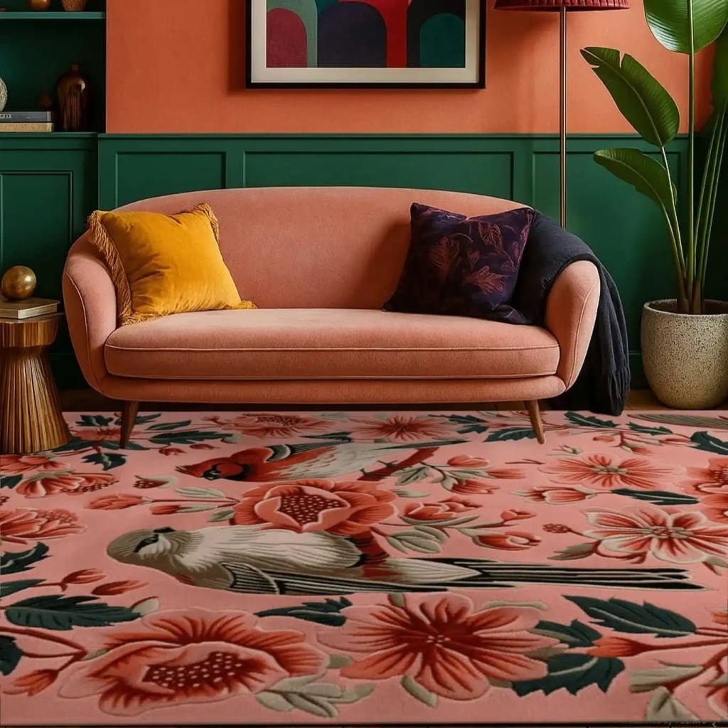 A vibrant living room featuring a Peony Meadow hand-tufted area rug with a stunning floral design. The 8x10 wool rug enhances the space with its rich colors and intricate patterns, perfectly complementing the peach sofa and green accents.