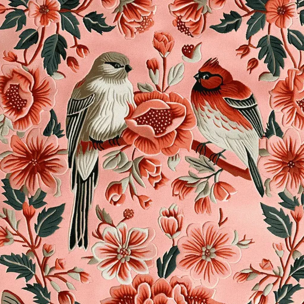 Stunning close-up of the Peony Meadow Hand Tufted Area Rug featuring a vibrant floral design with birds, perfect as a wool rug for living room spaces. The intricate patterns in shades of pink, red, and green make this 8x10 floral rug a captivating centerpiece.