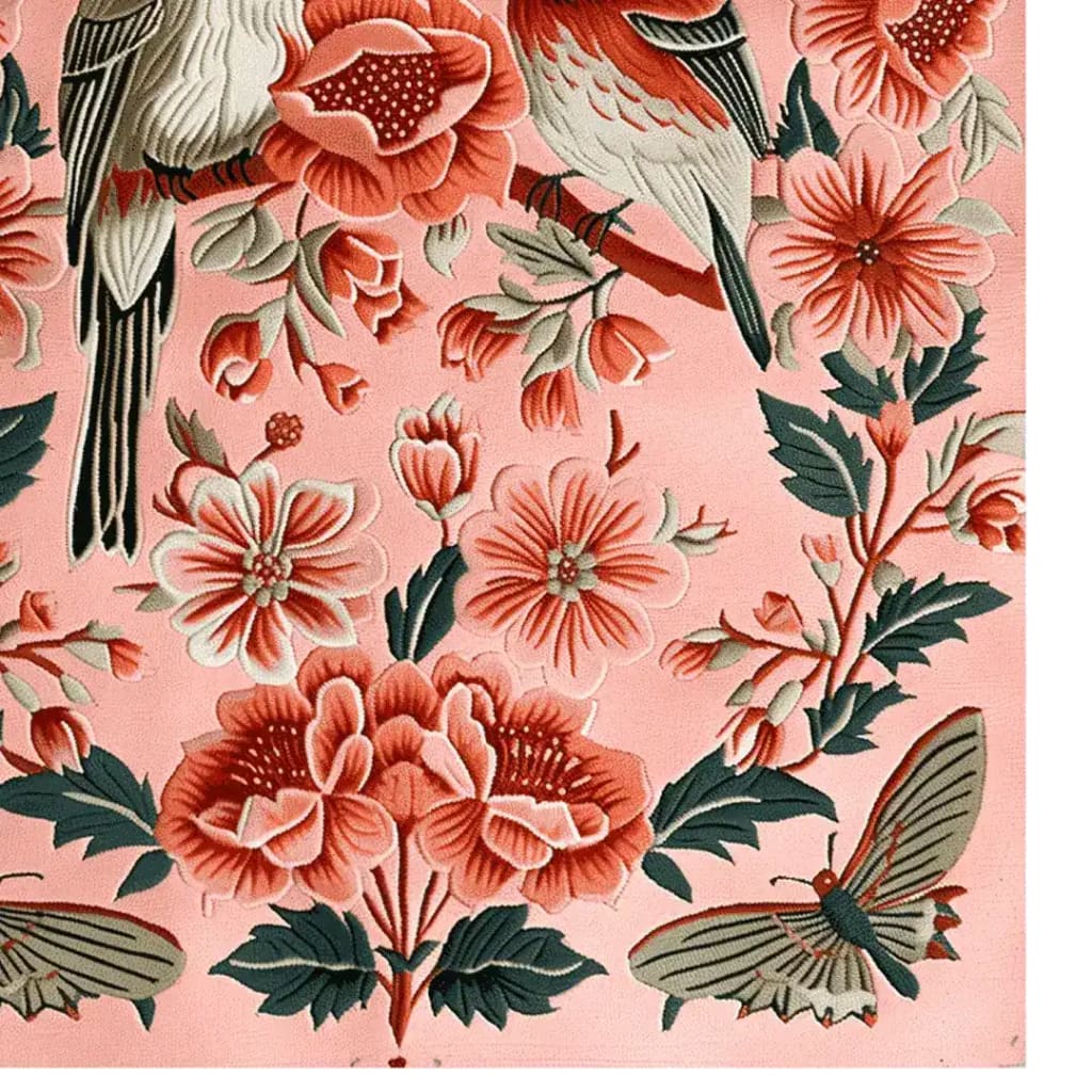 A detailed view of the Peony Meadow Hand Tufted Area Rug showcasing its vibrant floral design. This wool rug features an intricate pattern of pink and red flowers with lush green leaves, perfect for adding a touch of elegance to living room rugs 8x10.