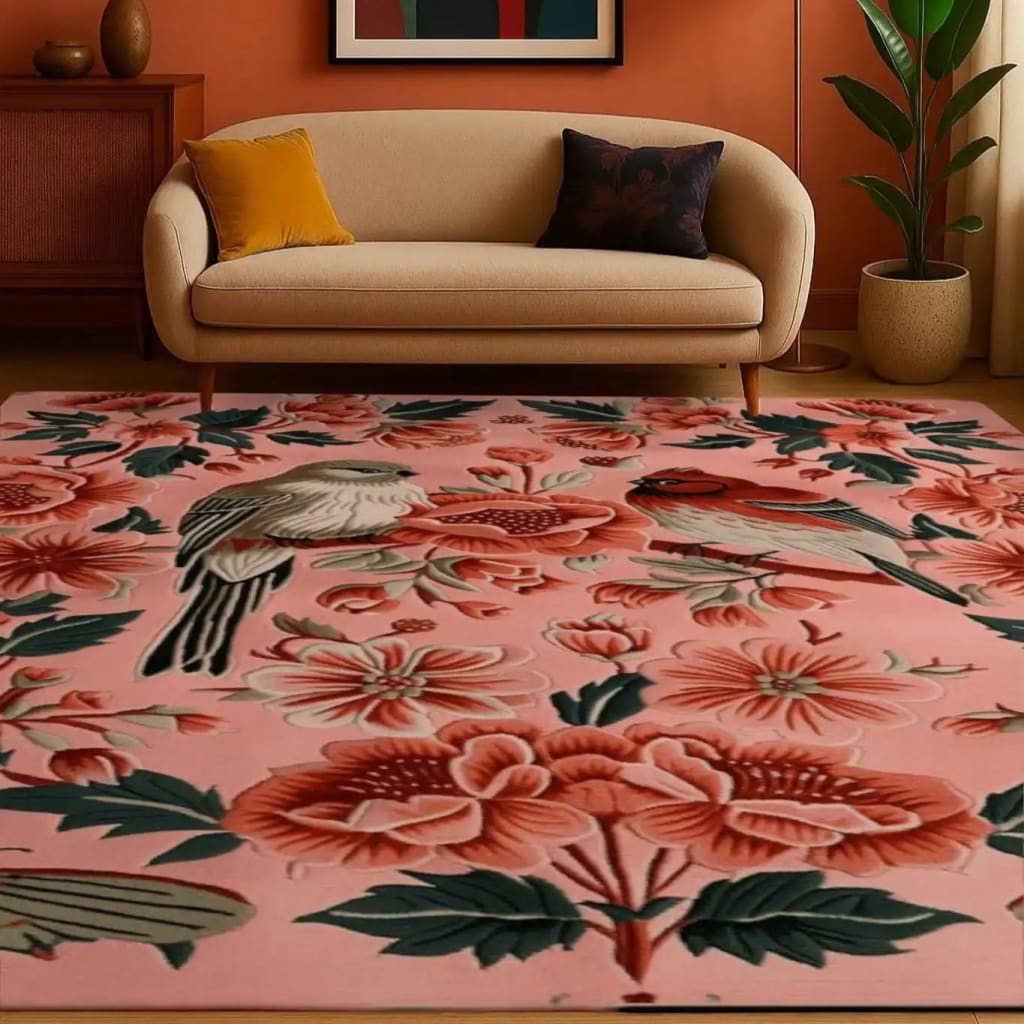 A beautifully designed area rug featuring a vibrant floral pattern with birds, perfect for adding a touch of elegance to a living room. The hand-tufted wool rug in an 8x10 size showcases intricate details in warm colors, creating a cozy and inviting atmosphere.