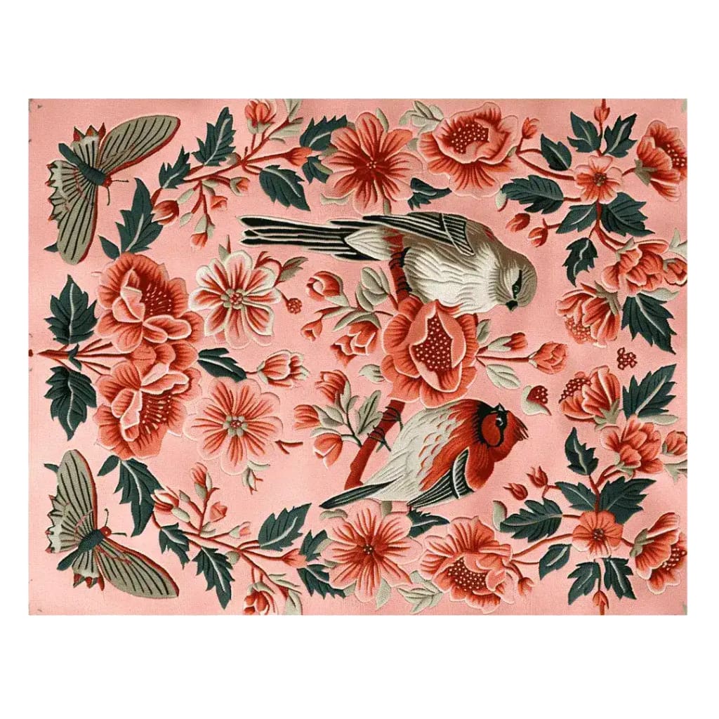 A beautifully crafted Peony Meadow Hand Tufted Area Rug featuring a vibrant floral design with birds and butterflies on a soft pink background. This wool rug adds a touch of elegance, perfect for living room rugs 8x10, enhancing any space with its intricate details.