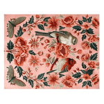 A beautifully crafted Peony Meadow Hand Tufted Area Rug featuring a vibrant floral design with birds and butterflies on a soft pink background. This wool rug adds a touch of elegance, perfect for living room rugs 8x10, enhancing any space with its intricate details.