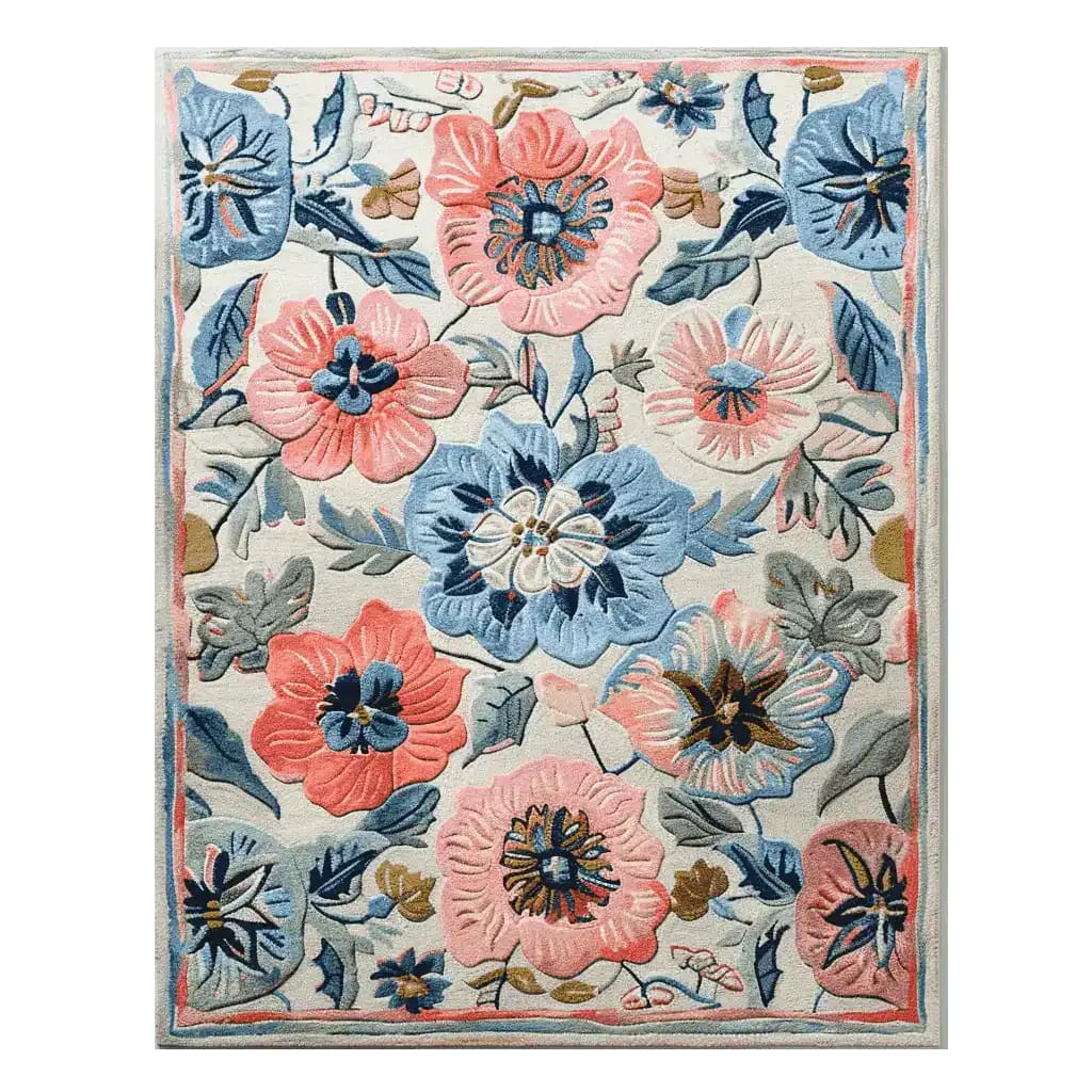 Elegant Peony Plumage Meadow Hand Tufted Area Rug showcasing a vibrant floral design in shades of blue and pink. This wool rug is perfect for adding a touch of nature to your living room. Ideal for an 8x10 space, this floral rug combines style and comfort beautifully.