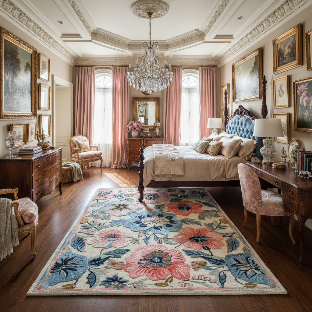 Luxurious bedroom with floral rug, elegant furniture, and decorative elements.
