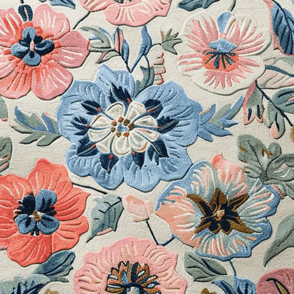 Close-up of the Peony Plumage Meadow Hand Tufted Area Rug, showcasing vibrant floral patterns in shades of blue, pink, and coral. This wool rug is perfect for adding a touch of elegance to your living room decor, especially in an 8x10 size.
