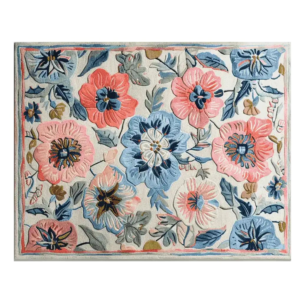 A vibrant area rug featuring a floral design with large blue and pink flowers, ideal for adding a touch of elegance to a living room. This hand-tufted wool rug measures 8x10, showcasing intricate patterns and rich colors perfect for any decor.