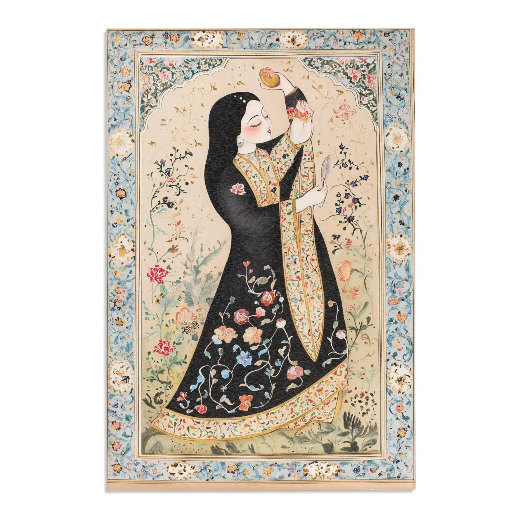 Persian Beauty Hand-Painted Floral Art Rug centered view with Persian woman in floral black robe, blue-bordered medallion field