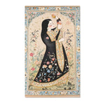 Persian Beauty Hand-Painted Floral Art Rug full flat lay showing Persian woman in black robe, cream floral center, blue flower border