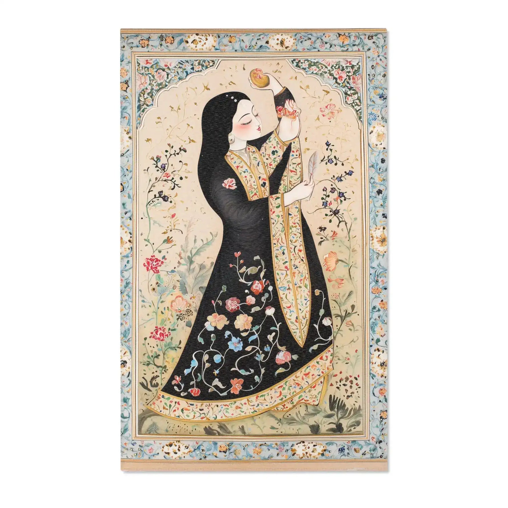 Persian Beauty Hand-Painted Floral Art Rug full flat lay showing Persian woman in black robe, cream floral center, blue flower border