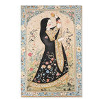 Persian Beauty Hand-Painted Floral Art Rug portrait view with Persian woman in black robe, multi-color flowers, gold inner border