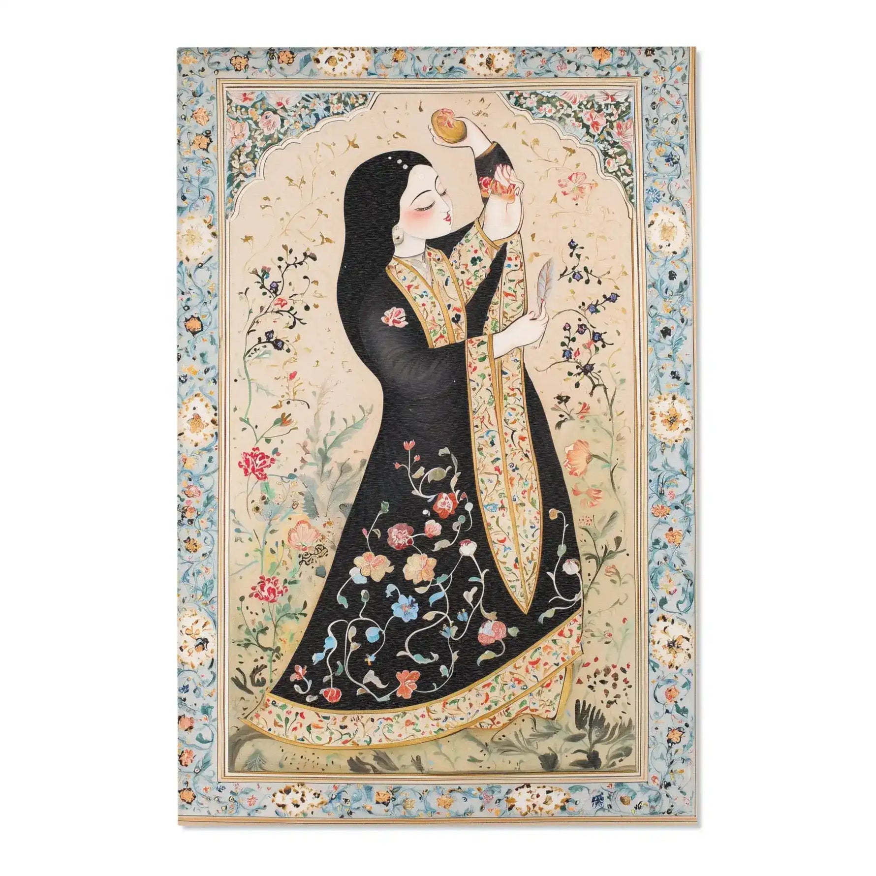 Persian Beauty Hand-Painted Floral Art Rug portrait view with Persian woman in black robe, multi-color flowers, gold inner border