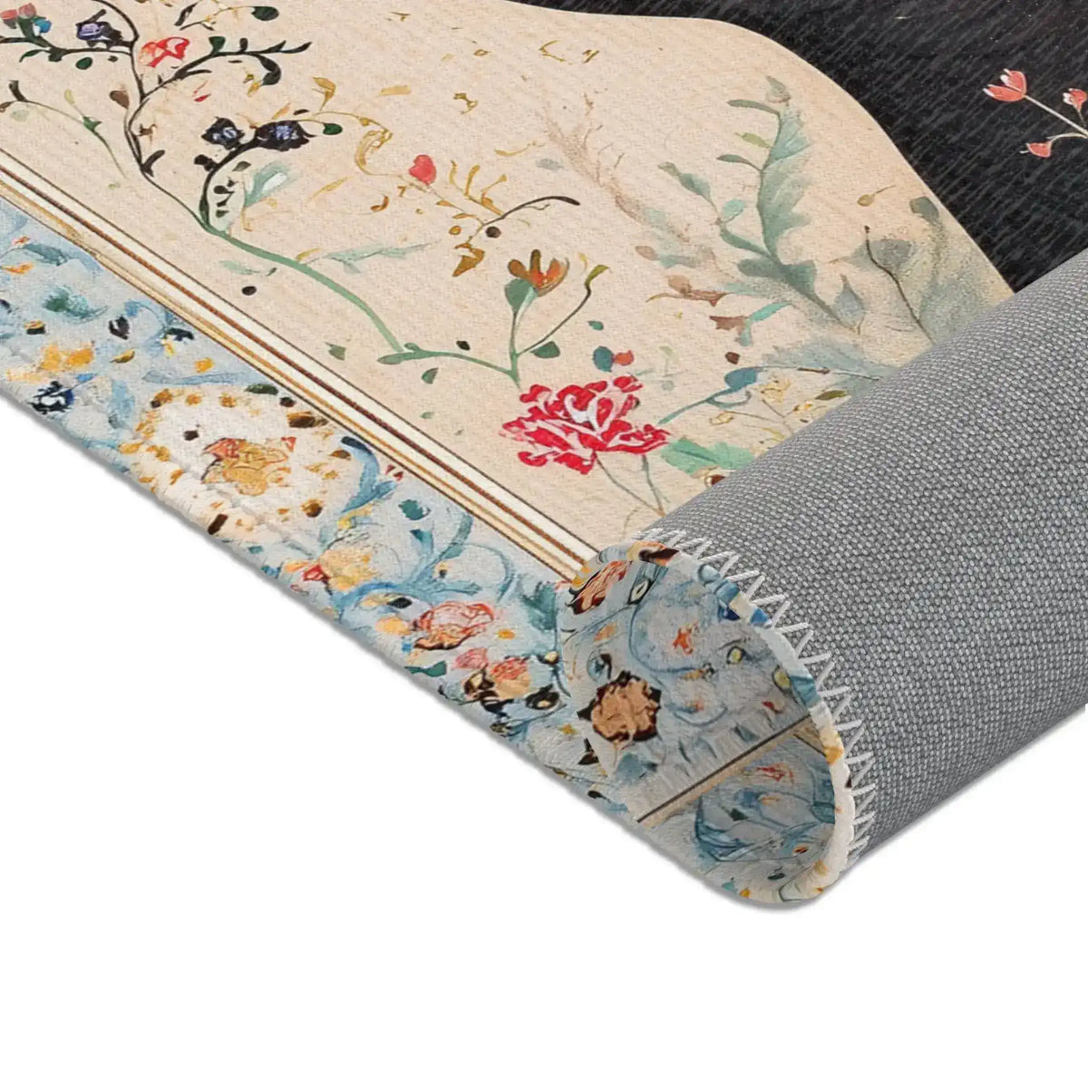 Persian Beauty Hand-Painted Floral Art Rug side fold showing blue floral border, cream field, black vine pattern, grey backing detail