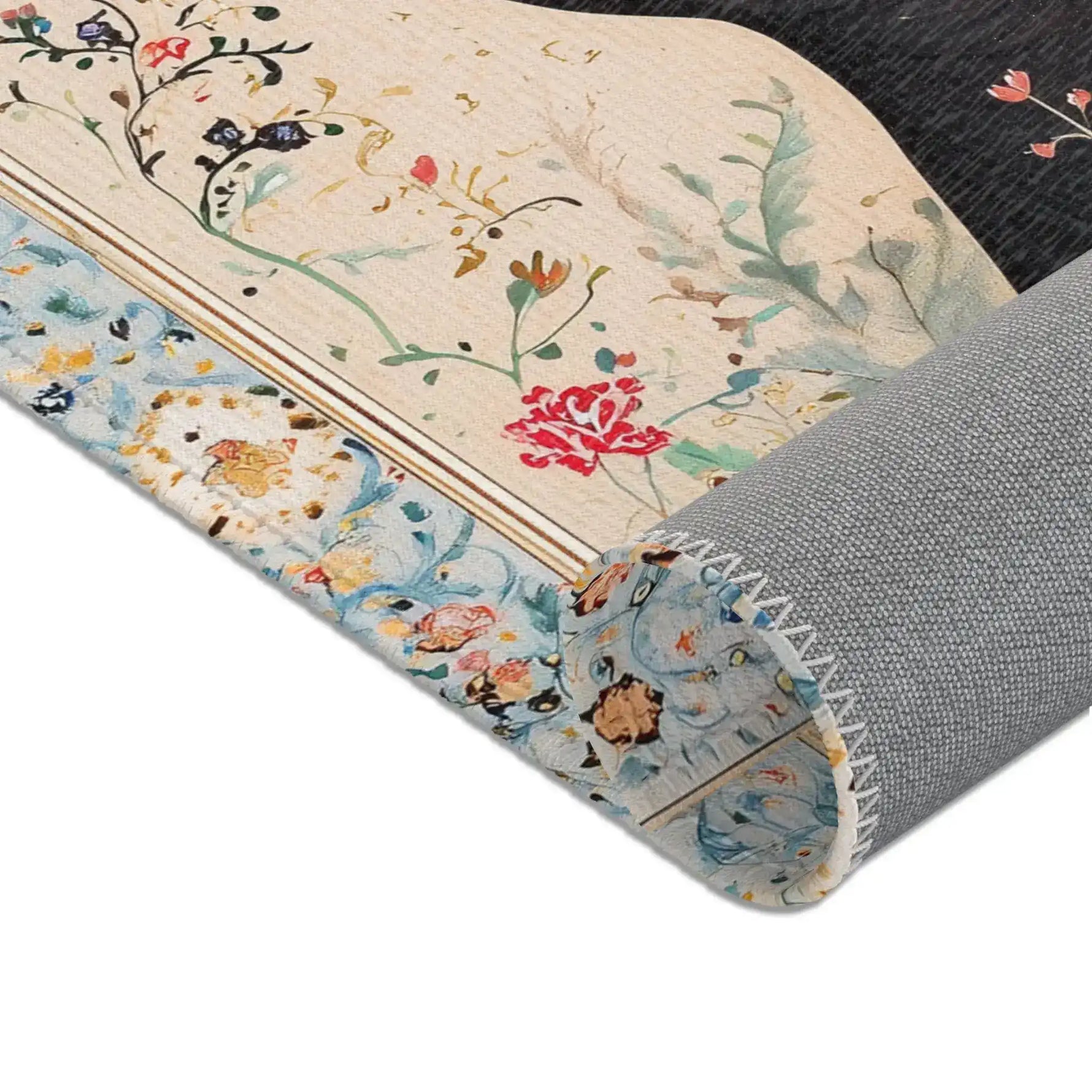 Persian Beauty Hand-Painted Floral Art Rug side fold showing blue floral border, cream field, black vine pattern, grey backing detail