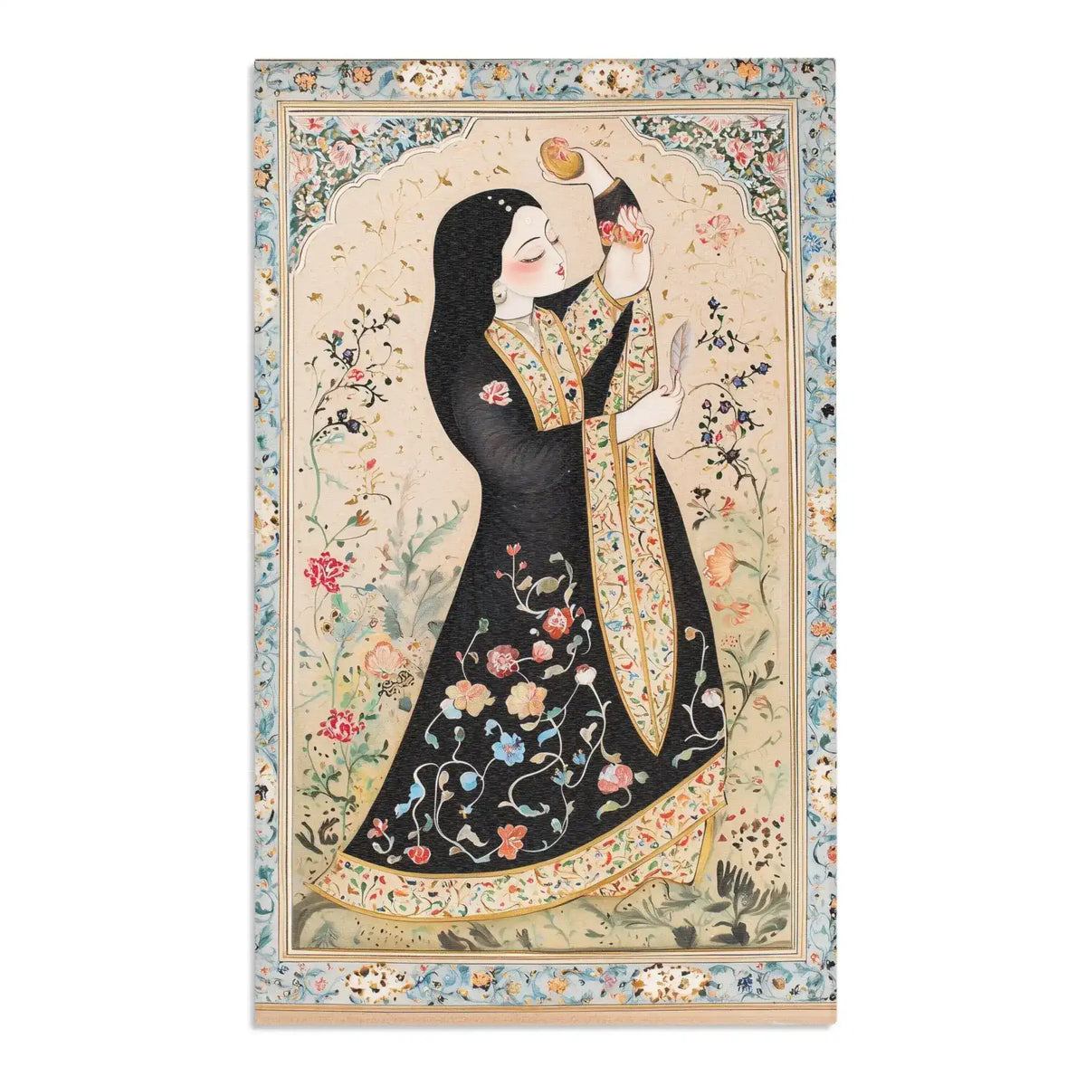 Persian Beauty Hand-Painted Floral Art Rug slight tilt view with Persian woman in floral black robe, cream field, blue border detail