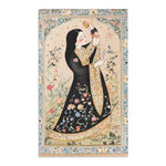 Persian Beauty Hand-Painted Floral Art Rug slight tilt view with Persian woman in floral black robe, cream field, blue border detail