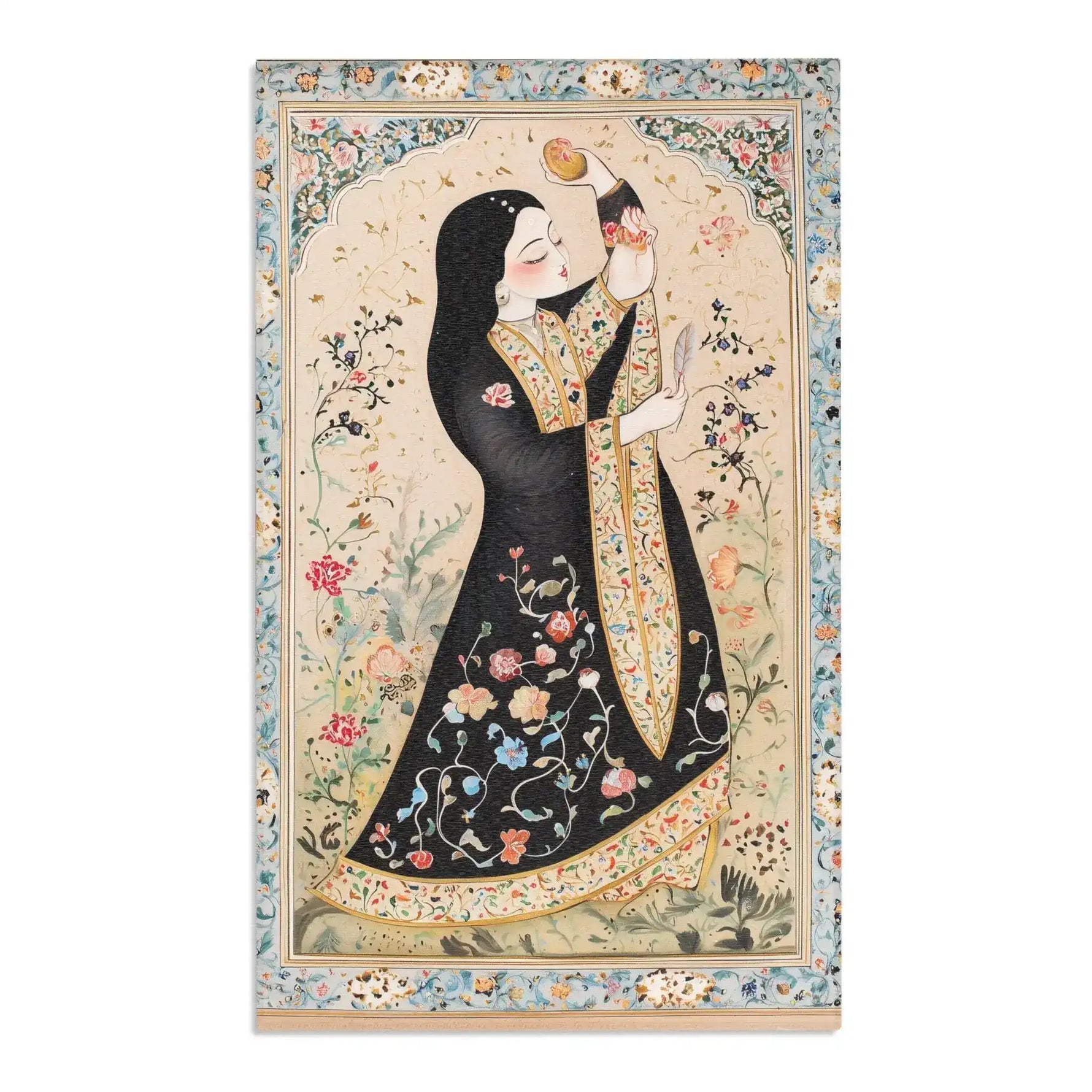 Persian Beauty Hand-Painted Floral Art Rug slight tilt view with Persian woman in floral black robe, cream field, blue border detail