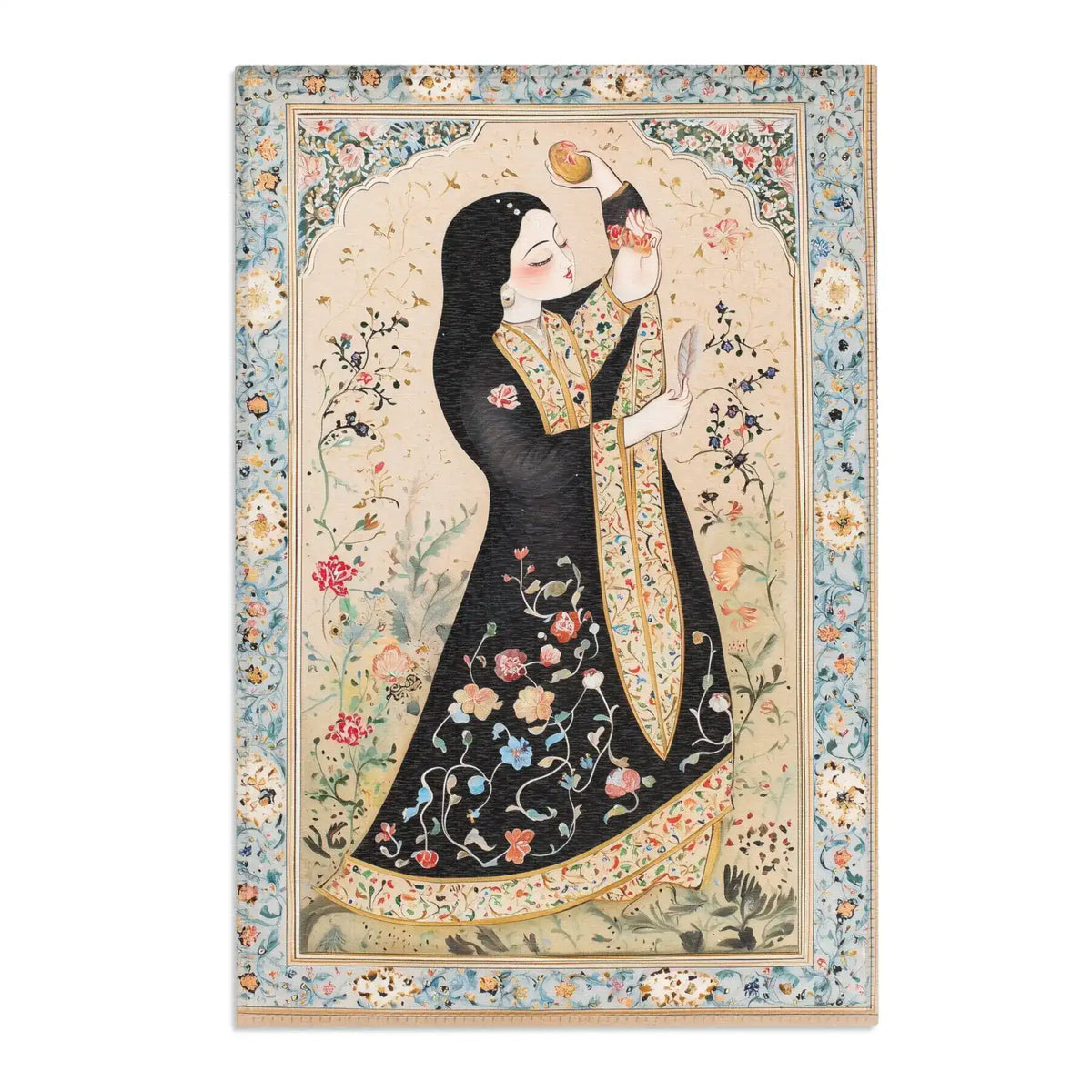Persian Beauty Hand-Painted Floral Art Rug wide angle showing full blue floral border, black-robed woman in center on cream garden