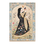 Persian Beauty Hand-Painted Floral Art Rug wide angle showing full blue floral border, black-robed woman in center on cream garden