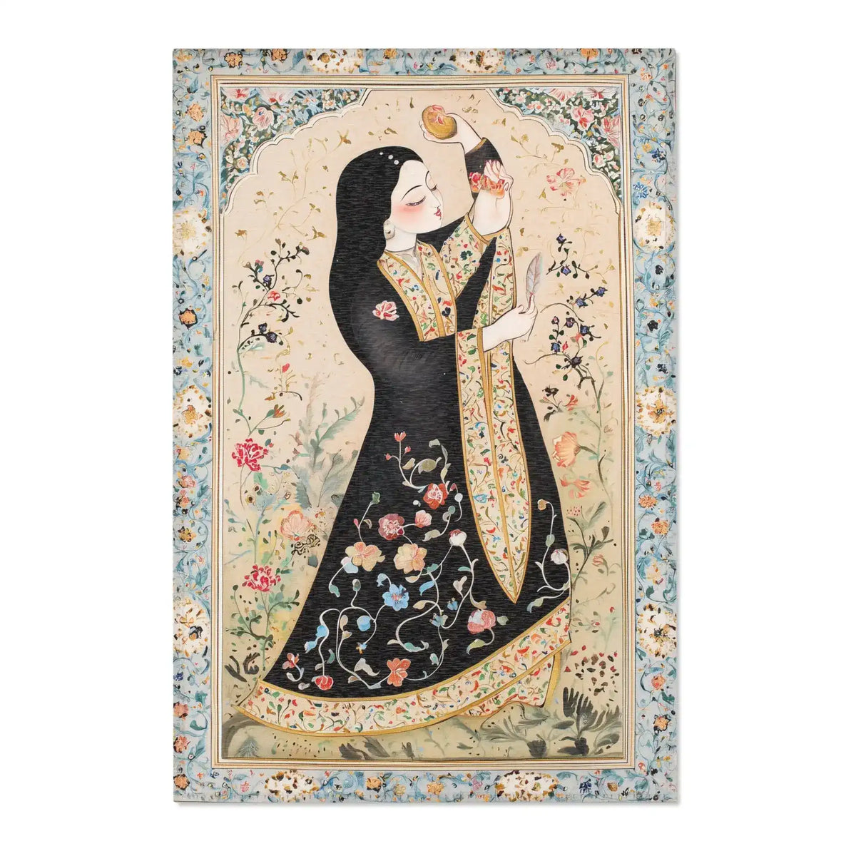 Persian Beauty Hand-Painted Floral Art Rug with Persian miniature woman in black floral robe, cream garden center, blue floral border