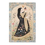 Persian Beauty Hand-Painted Floral Art Rug with Persian miniature woman in black floral robe, cream garden center, blue floral border