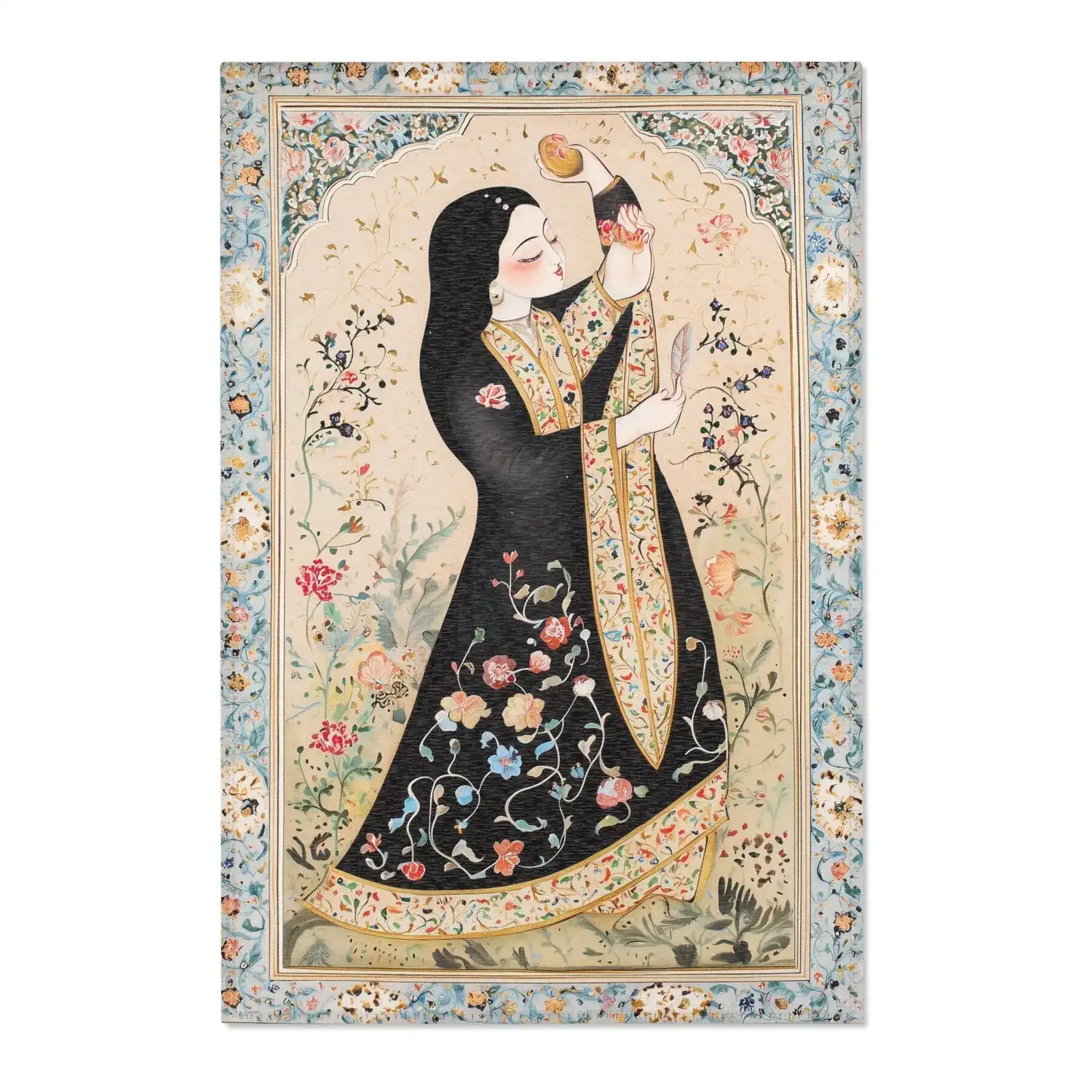 Persian Beauty Hand-Painted Floral Art Rug with Persian miniature woman in black floral robe, cream garden center, blue floral border