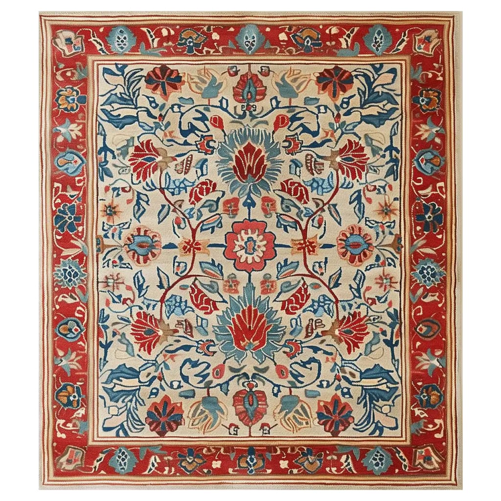 Elegant Persian Bloom hand-tufted wool area rug featuring intricate floral patterns in vibrant red, blue, and beige hues. Ideal for enhancing the decor of large living rooms, this 8x10 rug adds a touch of classic charm.