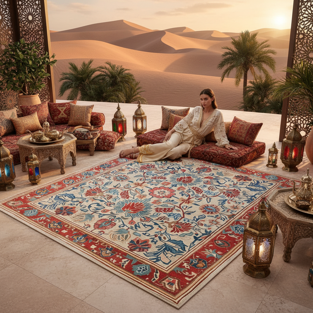 Woman sitting on a patterned floral red rug in a desert-themed room with lanterns and cushions.