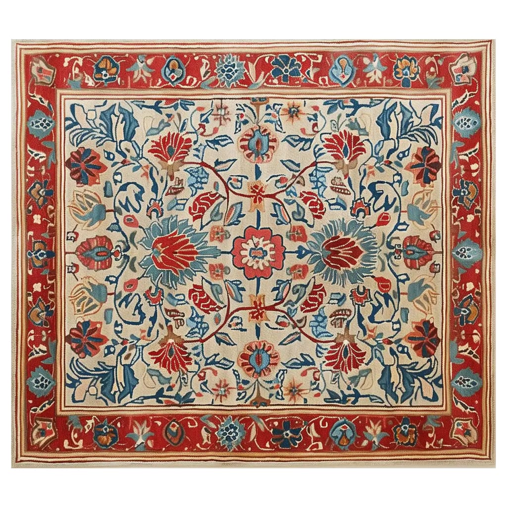 Vibrant Persian Bloom Hand Tufted Wool Rug showcasing intricate floral patterns in red, blue, and cream hues. This area rug, ideal for living room rugs 8x10, adds elegance and warmth to any space. Perfect as a large living room rug to enhance your decor.